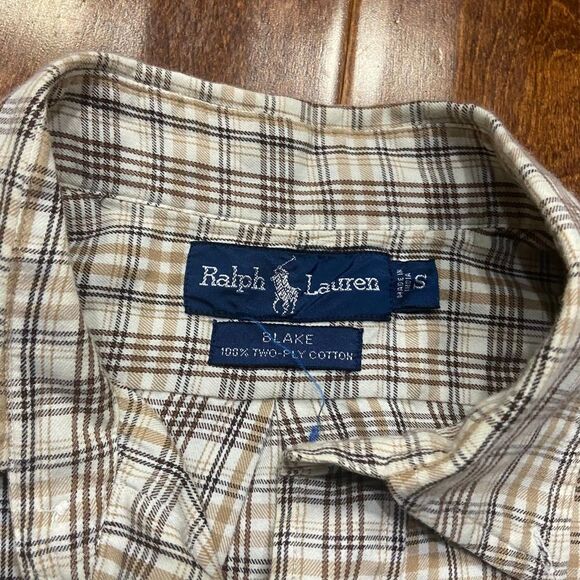 Polo Ralph Lauren Vtg Blake Button Front Cream Tan Plaid Shirt Men's Size Small - Picture 7 of 9